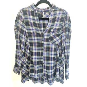 Free People Plaid Button Top Size M Purple Blue Oversized Gauze Indie Sleaze